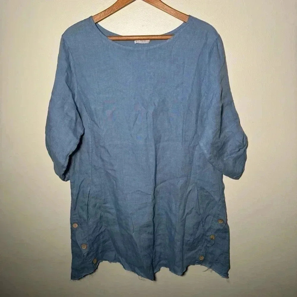Italian linen boho artsy ocean blue boho dress with wooden buttons S - Picture 3 of 6